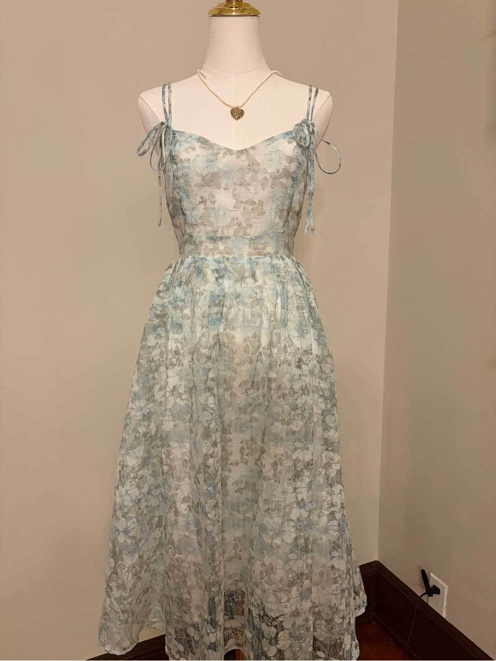 Light Blue and Green Floral Lace Midi Dress with Tie Straps